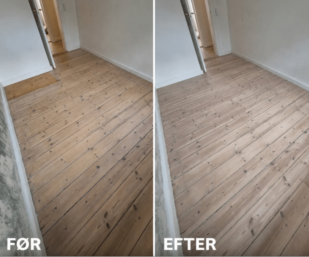 Før og efter gulvafslibning og behandling